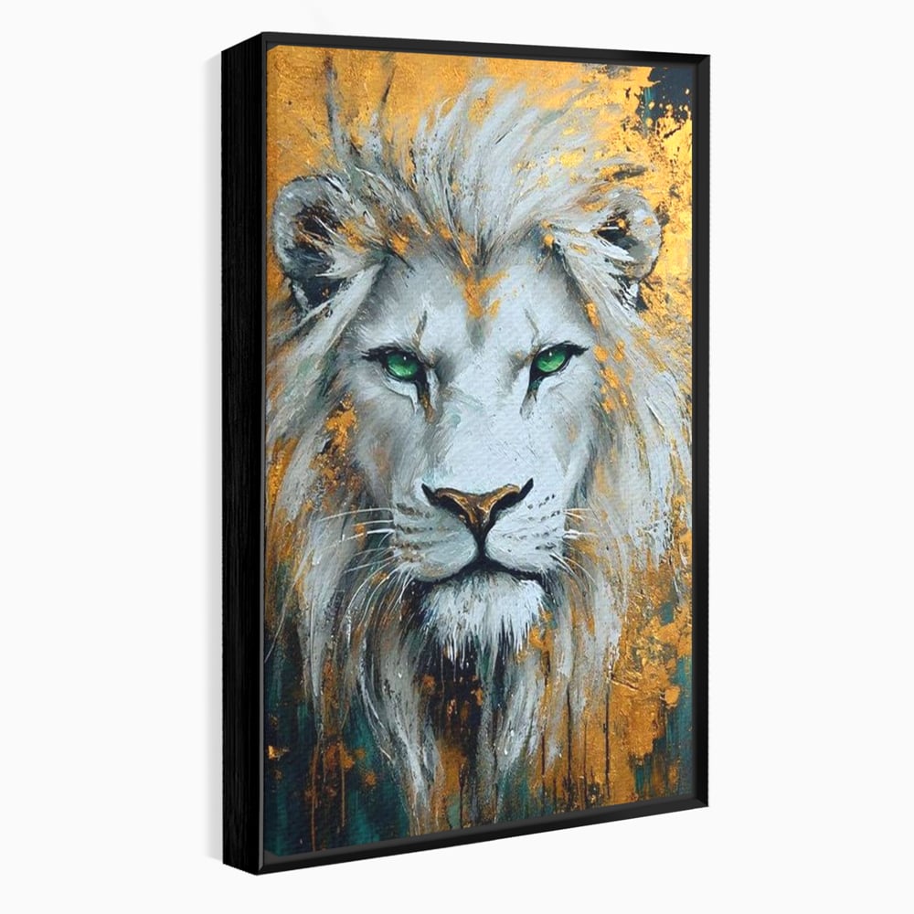 Tablou canvas cu tablou canvas cu leu alb si ochi verzi, in rama de aluminiu negru